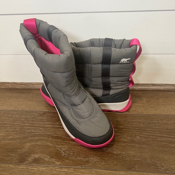 SOREL Youth Whitney II Puffy Mid Boots Gray & Pink Size 7 Girls Waterproof - Picture 1 of 11